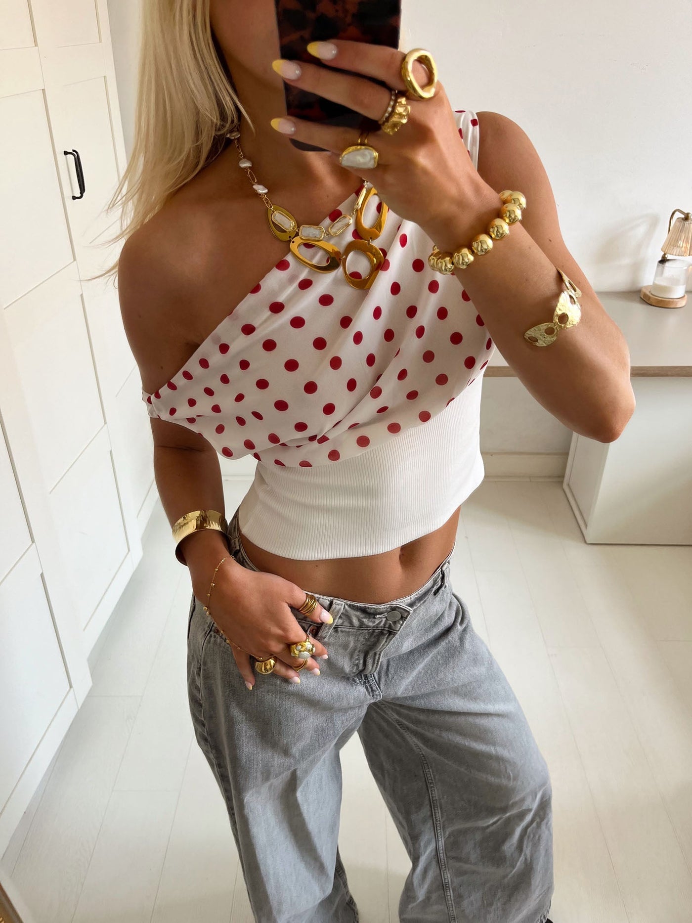 Kimmie polka dotted top - White/red