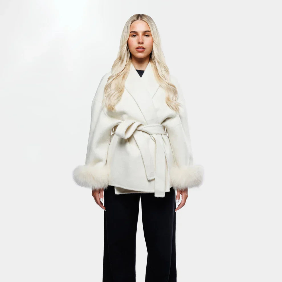 Luxe Dames Wolmix Jas met Ceintuur en Faux Fur Mouwen