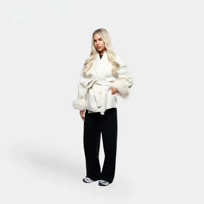 Luxe Dames Wolmix Jas met Ceintuur en Faux Fur Mouwen