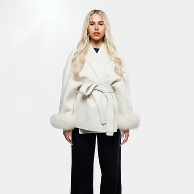 Luxe Dames Wolmix Jas met Ceintuur en Faux Fur Mouwen